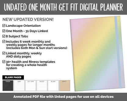 NEW! Undated Get Fit One Month Digital Planner | Happy Theme - Best Health Edition | GoodNotes, iPad & Android | Fitness, Self-Care