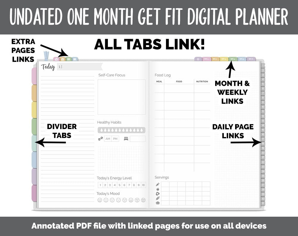 NEW! Undated Get Fit One Month Digital Planner | Happy Theme - Best Health Edition | GoodNotes, iPad & Android | Fitness, Self-Care