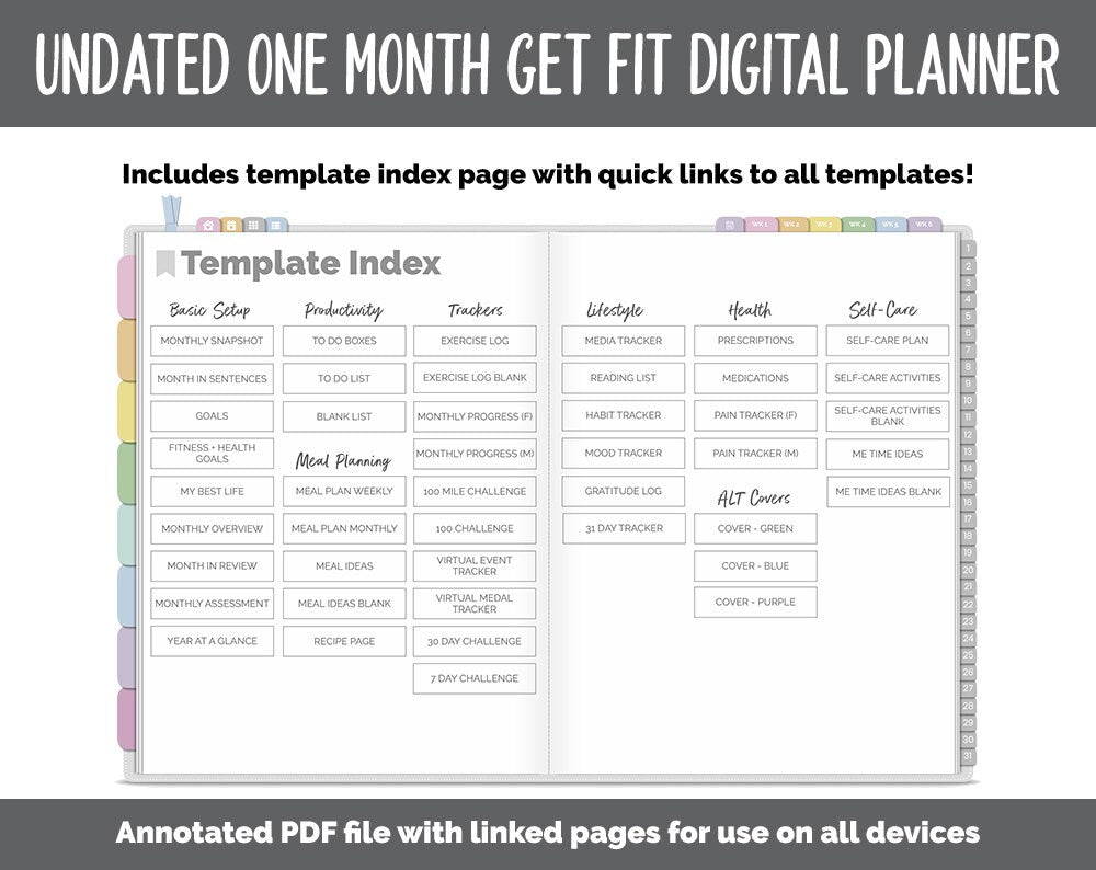 NEW! Undated Get Fit One Month Digital Planner | Happy Theme - Best Health Edition | GoodNotes, iPad & Android | Fitness, Self-Care