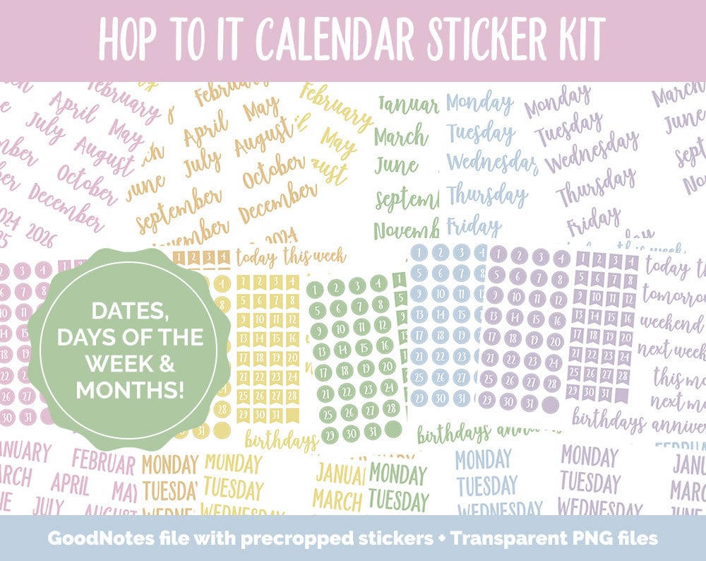 Hop to It Calendar Essentials Digital Planner Stickers | GoodNotes, iPad and Android | Dates, Days of the Week, Months