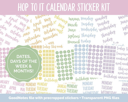 Hop to It Calendar Essentials Digital Planner Stickers | GoodNotes, iPad and Android | Dates, Days of the Week, Months