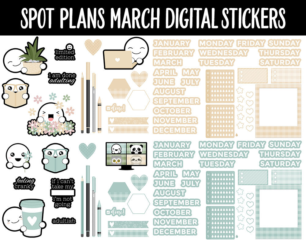 Spot Plans March Digital Stickers | GoodNotes, iPad and Android | Plants, Sassy, Spring, Adulting, Planning