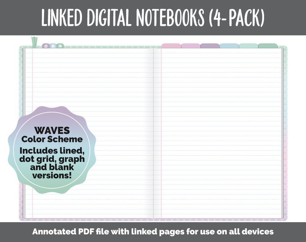 Linked Digital Notebooks 4- Pack | Waves Theme | GoodNotes, iPad & Android