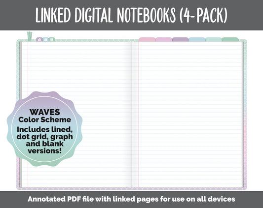Linked Digital Notebooks 4- Pack | Waves Theme | GoodNotes, iPad & Android