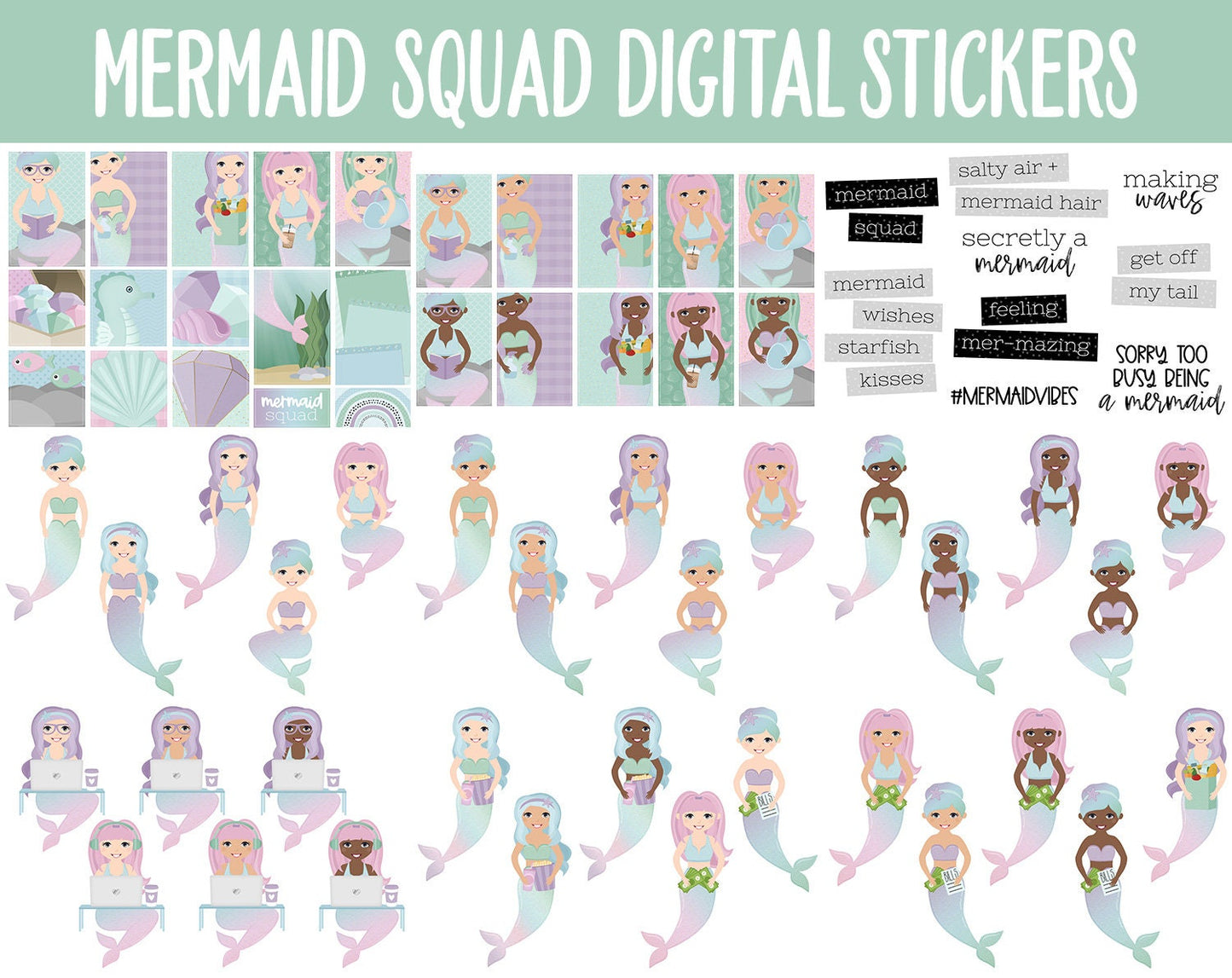 Mermaid Squad Digital Sticker Mega Bundle | GoodNotes & iPad | May, Ocean, Pastel, Activities, Goals, Tasks