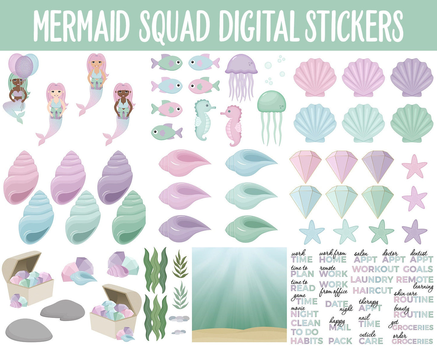 Mermaid Squad Digital Sticker Mega Bundle | GoodNotes & iPad | May, Ocean, Pastel, Activities, Goals, Tasks