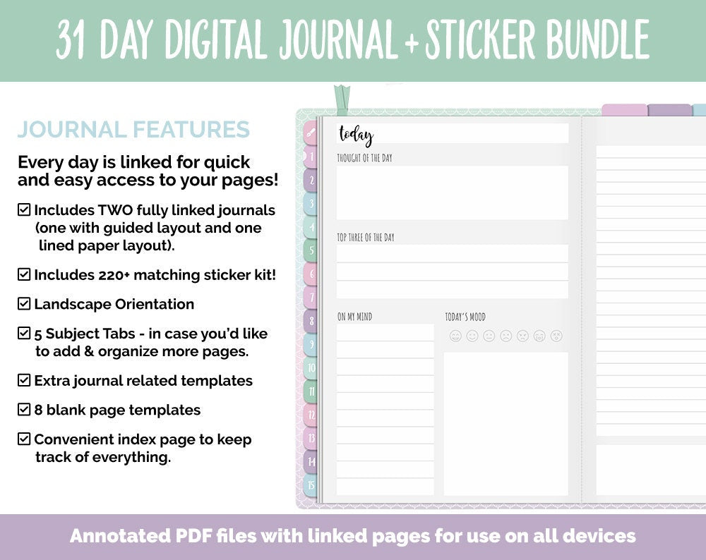 31 Day Digital Journal + Sticker Bundle | Waves Theme