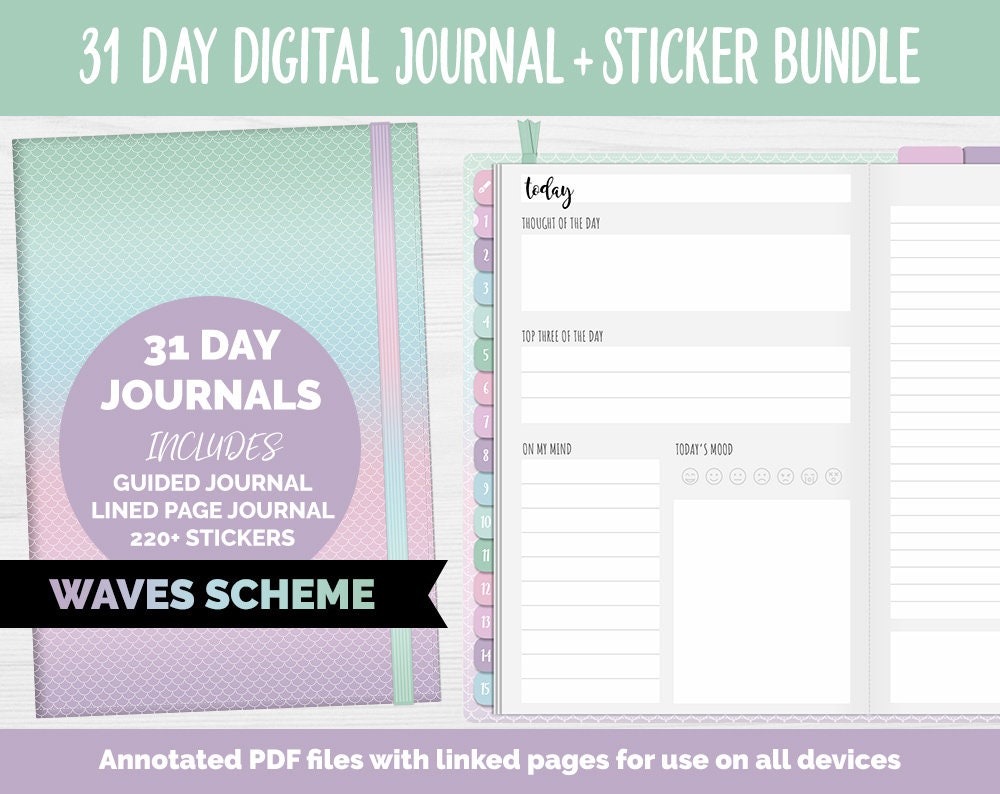 31 Day Digital Journal + Sticker Bundle | Waves Theme