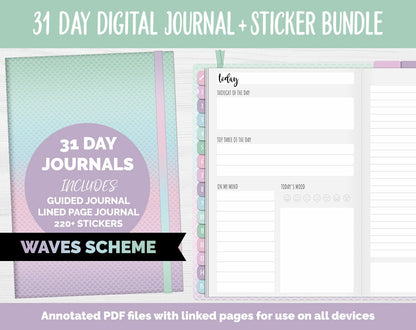 31 Day Digital Journal + Sticker Bundle | Waves Theme