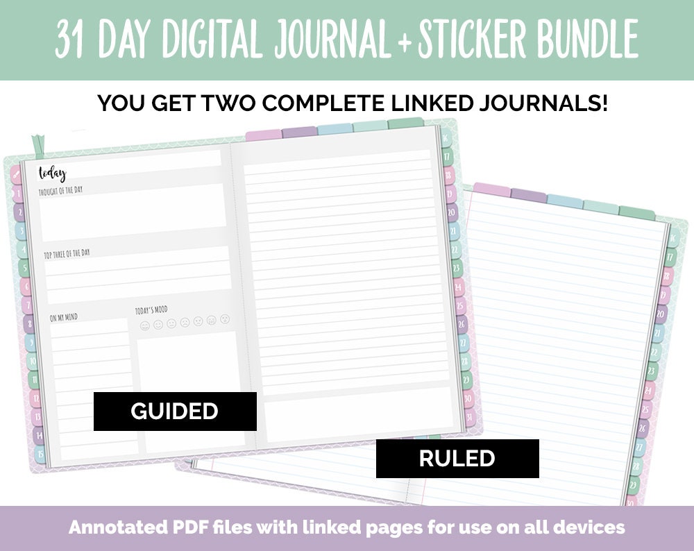 31 Day Digital Journal + Sticker Bundle | Waves Theme