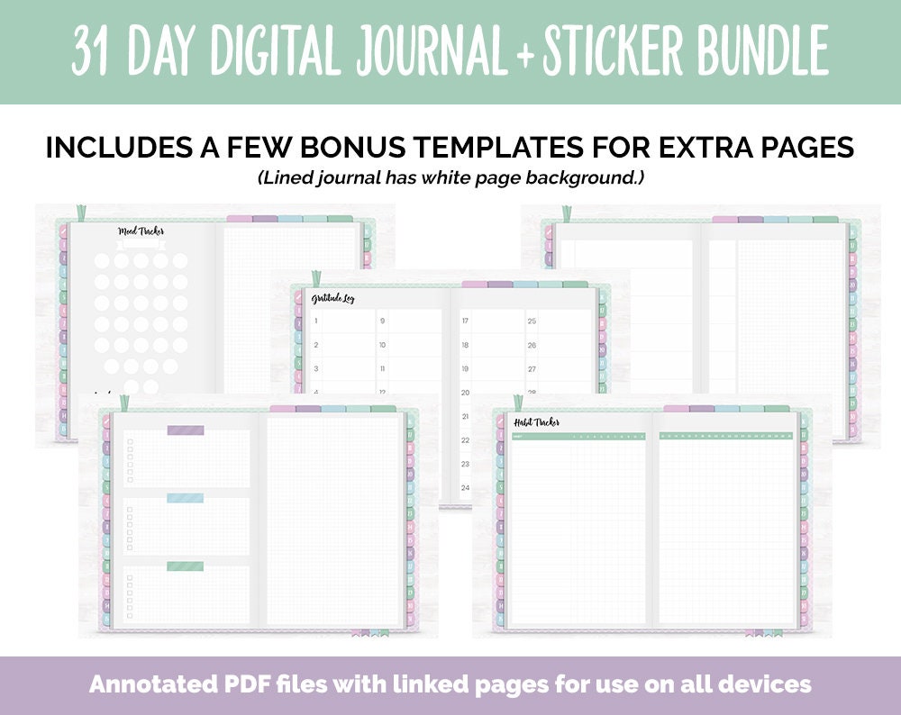 31 Day Digital Journal + Sticker Bundle | Waves Theme