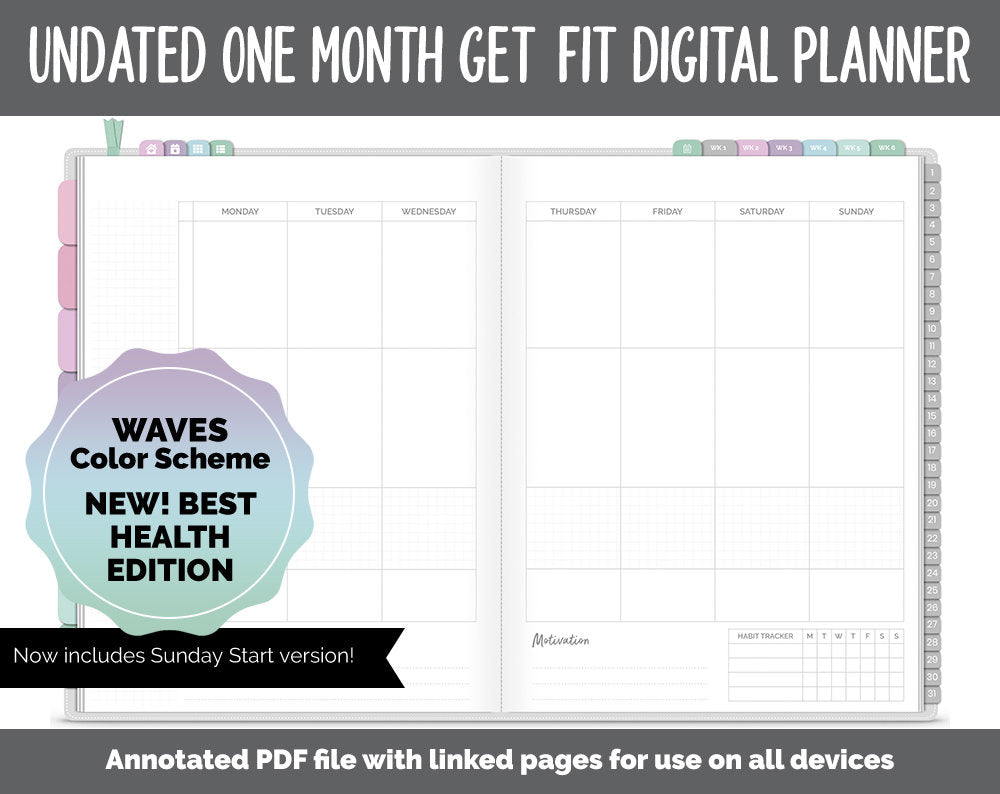 NEW! Undated Get Fit One Month Digital Planner | Waves Theme - Best Health Edition | GoodNotes, iPad & Android | Fitness, Self-Care