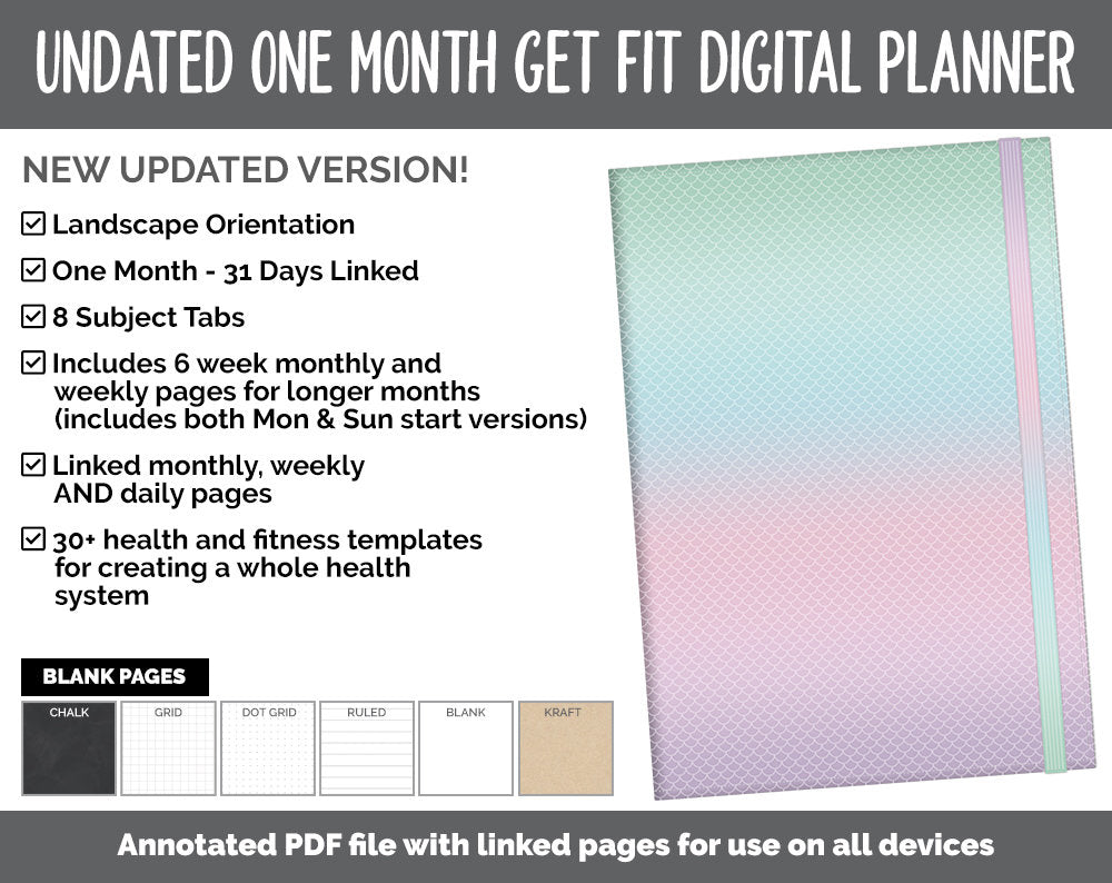 NEW! Undated Get Fit One Month Digital Planner | Waves Theme - Best Health Edition | GoodNotes, iPad & Android | Fitness, Self-Care