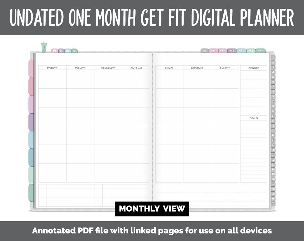 NEW! Undated Get Fit One Month Digital Planner | Waves Theme - Best Health Edition | GoodNotes, iPad & Android | Fitness, Self-Care