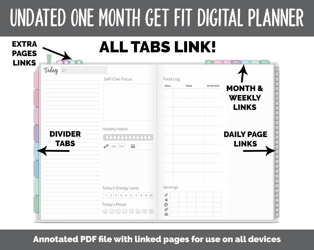 NEW! Undated Get Fit One Month Digital Planner | Waves Theme - Best Health Edition | GoodNotes, iPad & Android | Fitness, Self-Care