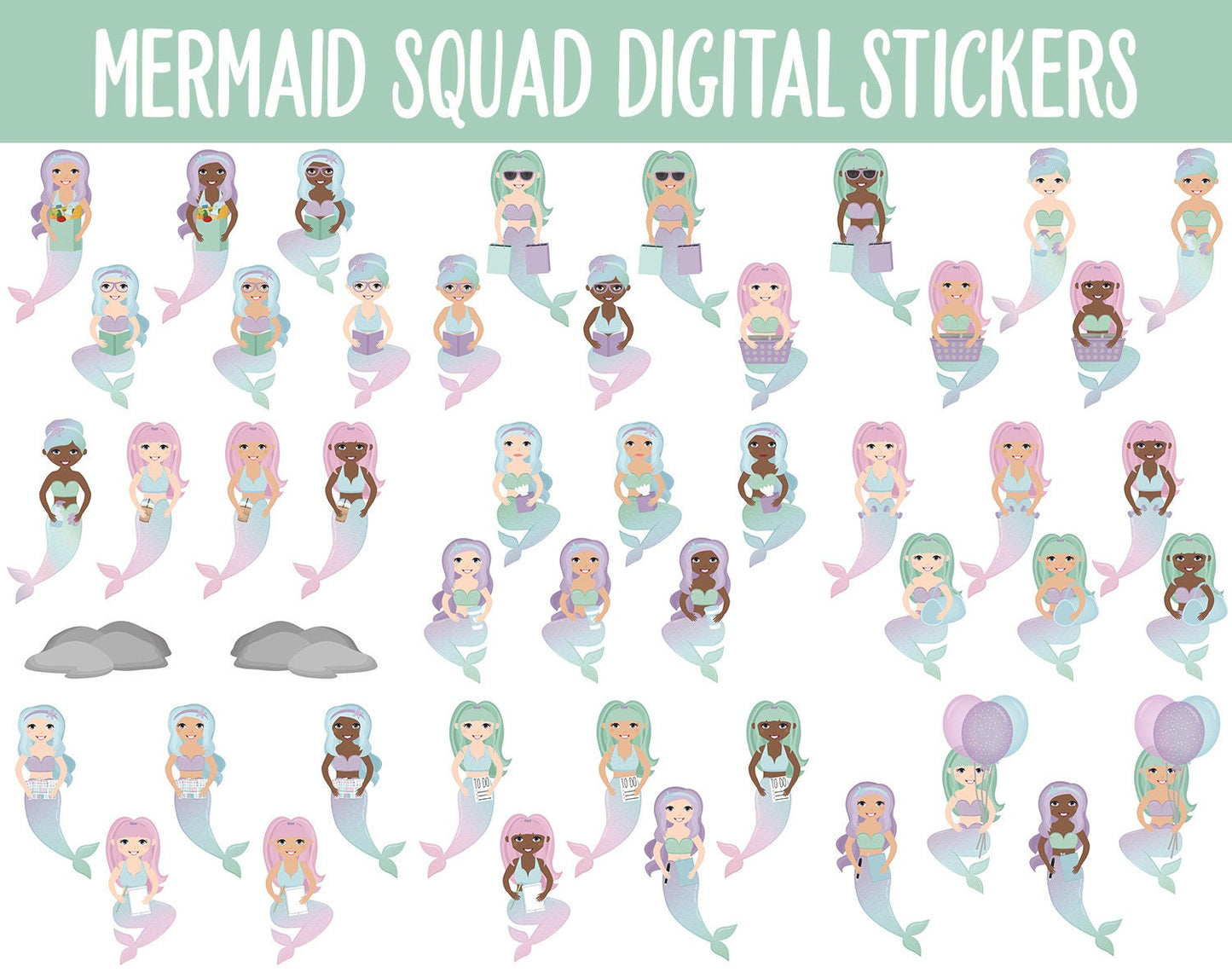 Mermaid Squad Digital Sticker Mega Bundle | GoodNotes & iPad | May, Ocean, Pastel, Activities, Goals, Tasks