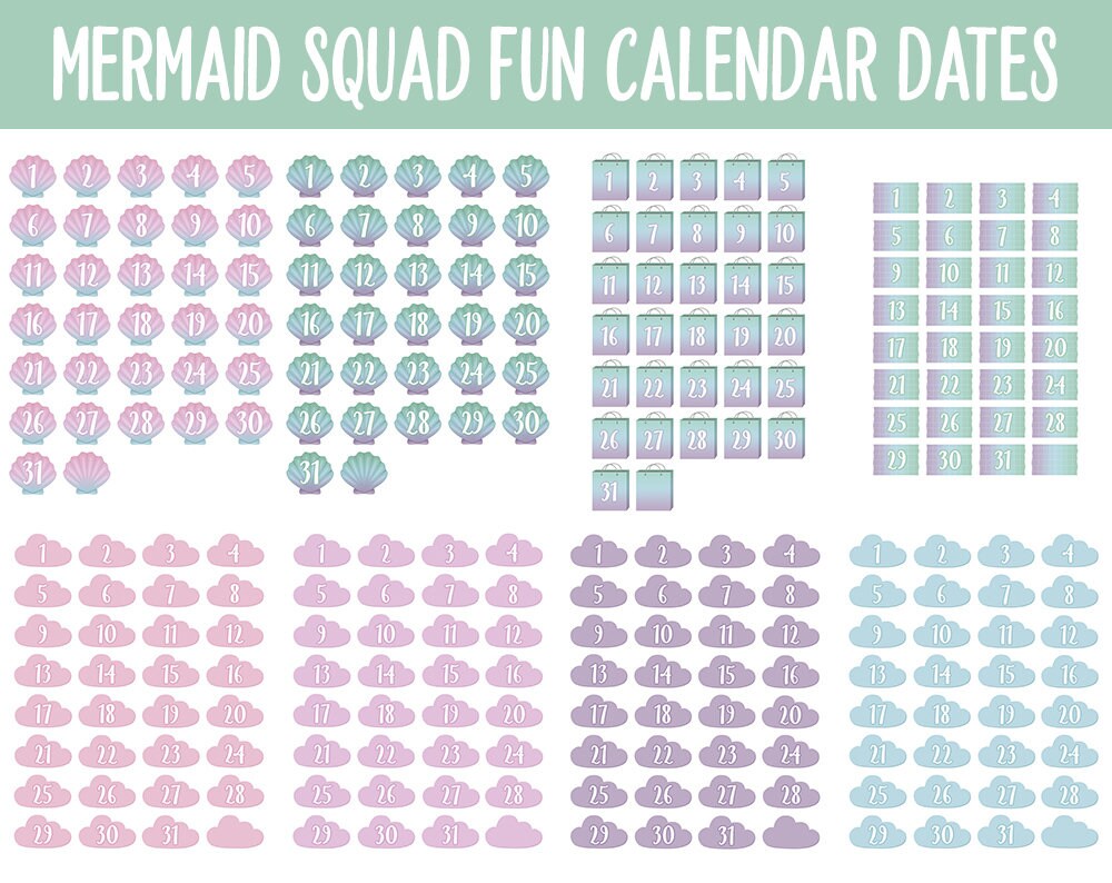 Mermaid Squad Fun Calendar Date Digital Stickers | GoodNotes, iPad and Android
