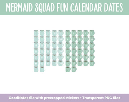 Mermaid Squad Fun Calendar Date Digital Stickers | GoodNotes, iPad and Android