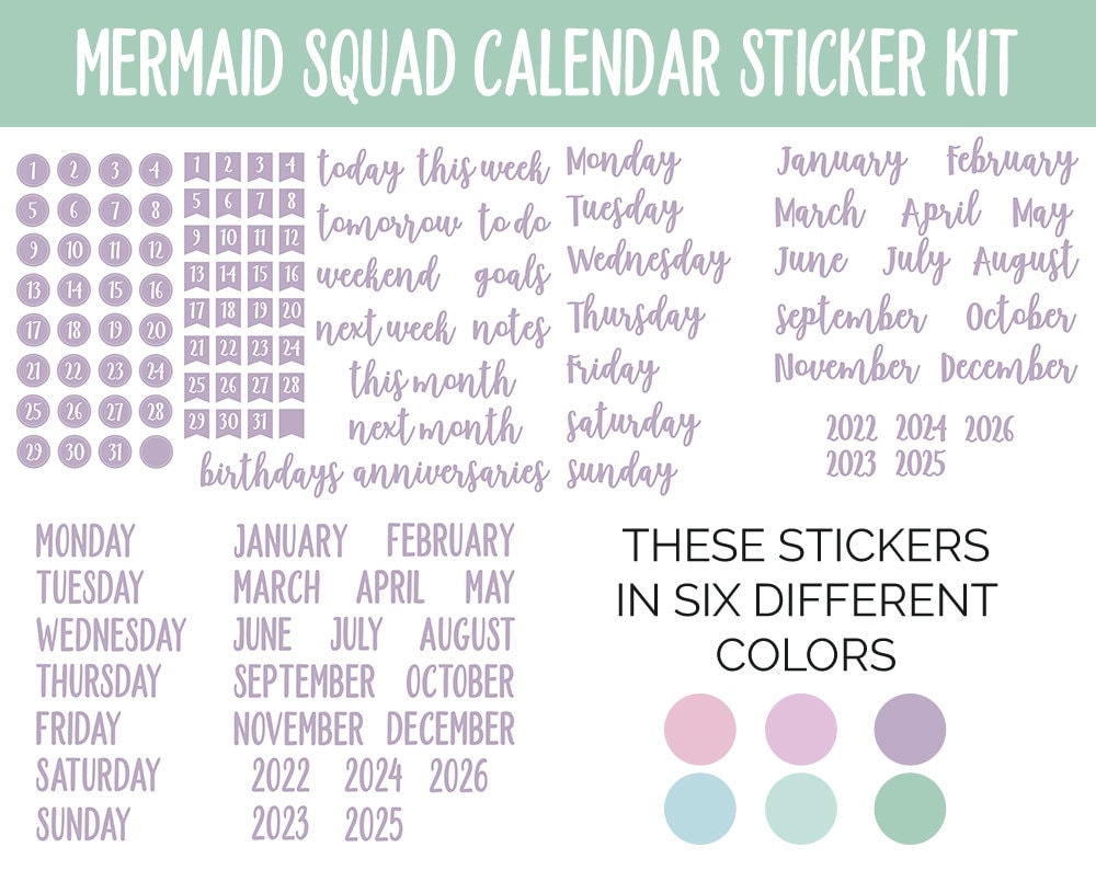 Mermaid Squad Calendar Essentials Digital Planner Stickers | GoodNotes, iPad and Android | Dates, Days of the Week, Months