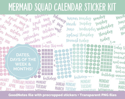 Mermaid Squad Calendar Essentials Digital Planner Stickers | GoodNotes, iPad and Android | Dates, Days of the Week, Months