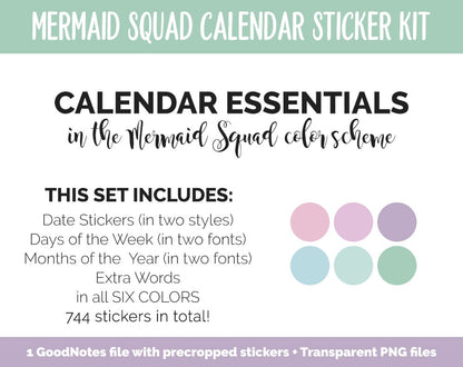 Mermaid Squad Calendar Essentials Digital Planner Stickers | GoodNotes, iPad and Android | Dates, Days of the Week, Months