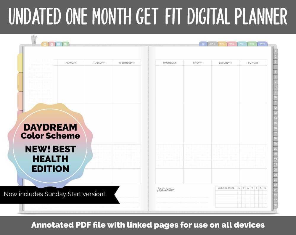 NEW! Undated Get Fit One Month Digital Planner | Daydream Theme - Best Health Edition | GoodNotes, iPad & Android | Fitness, Self-Care