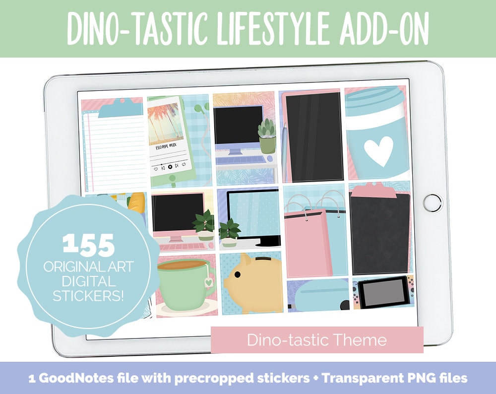 Dino-tastic Lifestyle Add-On Digital Stickers | GoodNotes & iPad | TV, Playlist, Travel, Reading, Work, Groceries