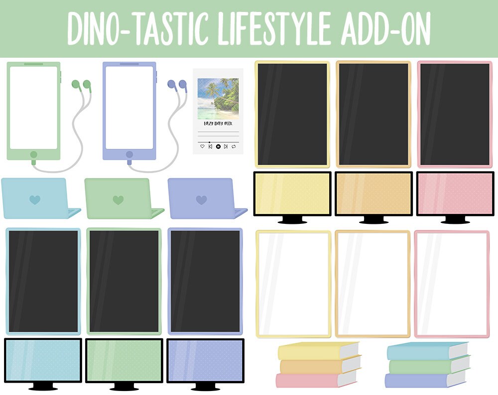 Dino-tastic Lifestyle Add-On Digital Stickers | GoodNotes & iPad | TV, Playlist, Travel, Reading, Work, Groceries