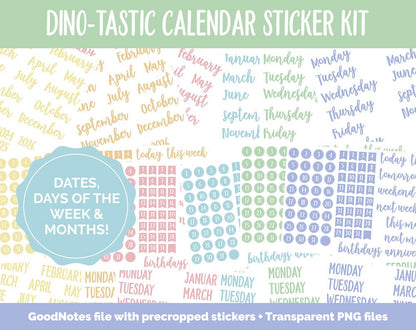 Dino-tastic Calendar Essentials Digital Planner Stickers | GoodNotes, iPad and Android | Dates, Days of the Week, Months