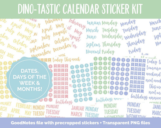 Dino-tastic Calendar Essentials Digital Planner Stickers | GoodNotes, iPad and Android | Dates, Days of the Week, Months