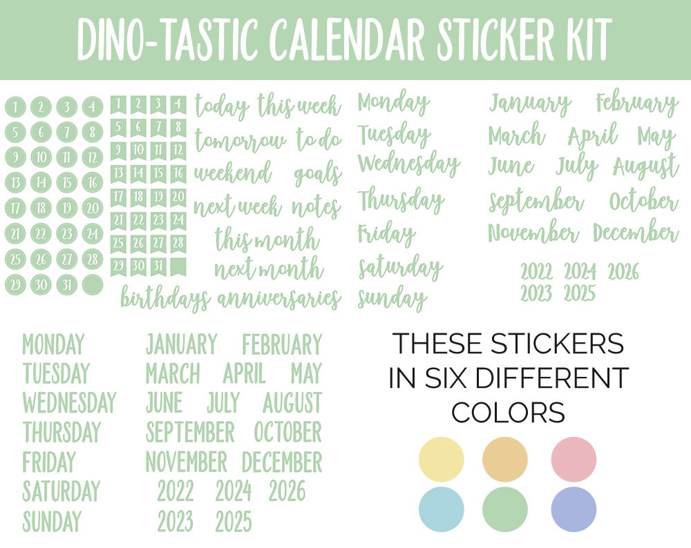 Dino-tastic Calendar Essentials Digital Planner Stickers | GoodNotes, iPad and Android | Dates, Days of the Week, Months