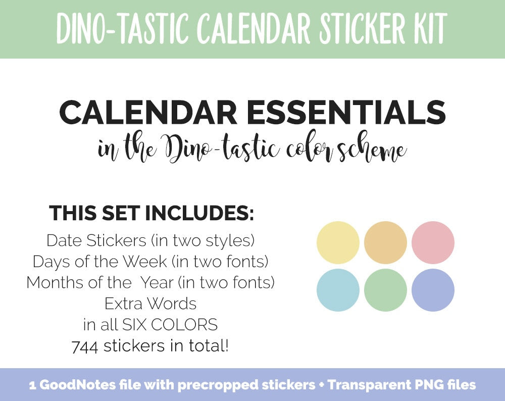 Dino-tastic Calendar Essentials Digital Planner Stickers | GoodNotes, iPad and Android | Dates, Days of the Week, Months