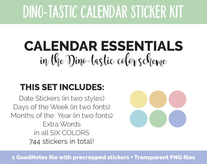 Dino-tastic Calendar Essentials Digital Planner Stickers | GoodNotes, iPad and Android | Dates, Days of the Week, Months