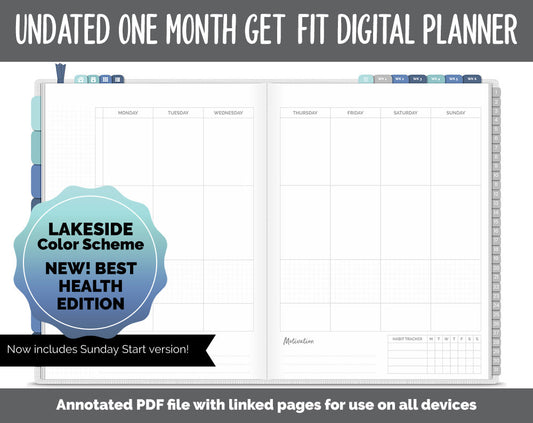 NEW! Undated Get Fit One Month Digital Planner | Lakeside Theme - Best Health Edition | GoodNotes, iPad & Android | Fitness, Self-Care