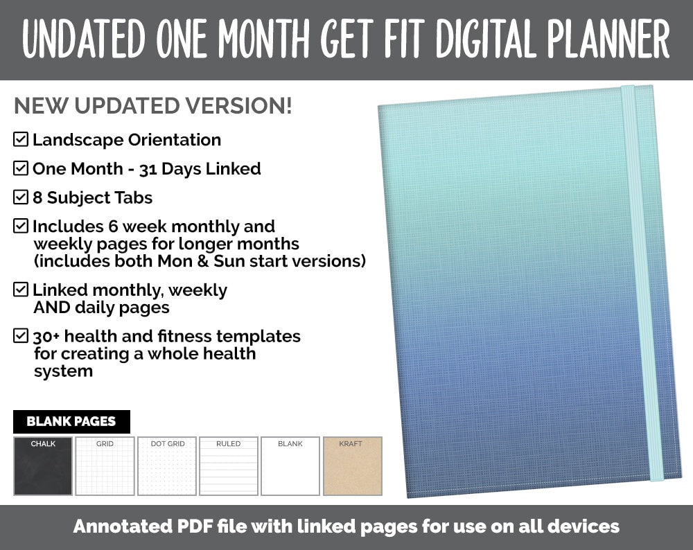 NEW! Undated Get Fit One Month Digital Planner | Lakeside Theme - Best Health Edition | GoodNotes, iPad & Android | Fitness, Self-Care