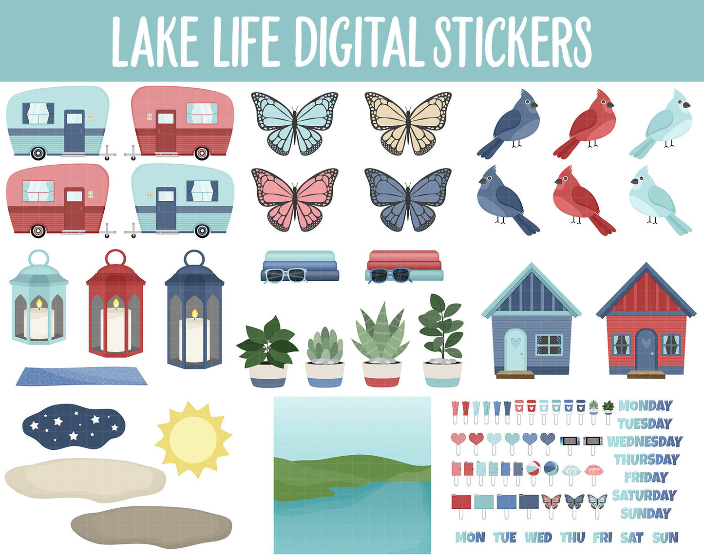 Lake Life Digital Sticker Mega Bundle | GoodNotes & iPad | July, Outdoors, Summer, Kawaii, Activities, Goals, Tasks