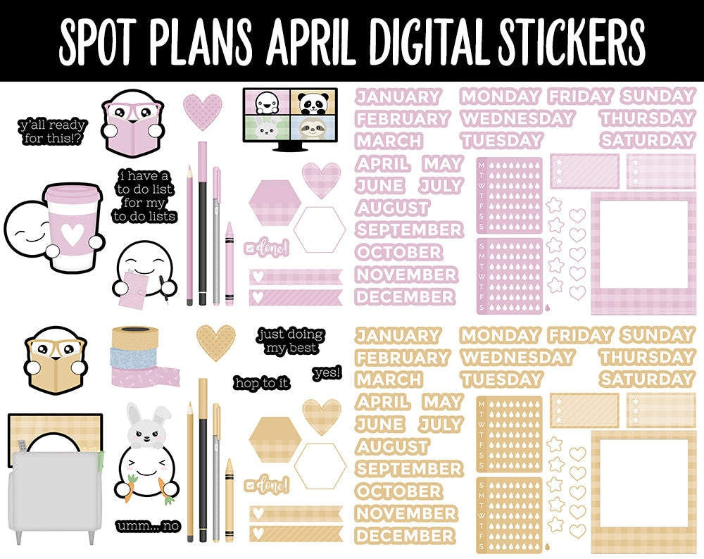 Spot Plans April Digital Stickers | GoodNotes, iPad and Android | Easter, Sassy, Spring, Adulting, Planning