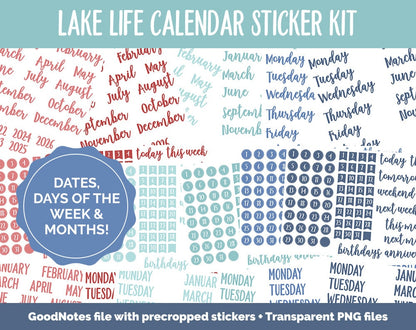 Lake Life Calendar Essentials Digital Planner Stickers | GoodNotes, iPad and Android | Dates, Days of the Week, Months