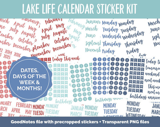 Lake Life Calendar Essentials Digital Planner Stickers | GoodNotes, iPad and Android | Dates, Days of the Week, Months