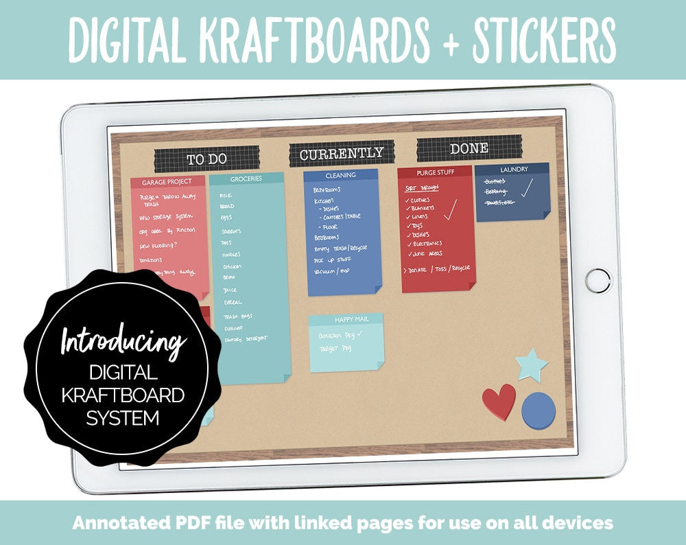 Digital Kraftboard + Stickers | GoodNotes, iPad & Android | Sticky Notes, Chalkboard, Magnets, Lists