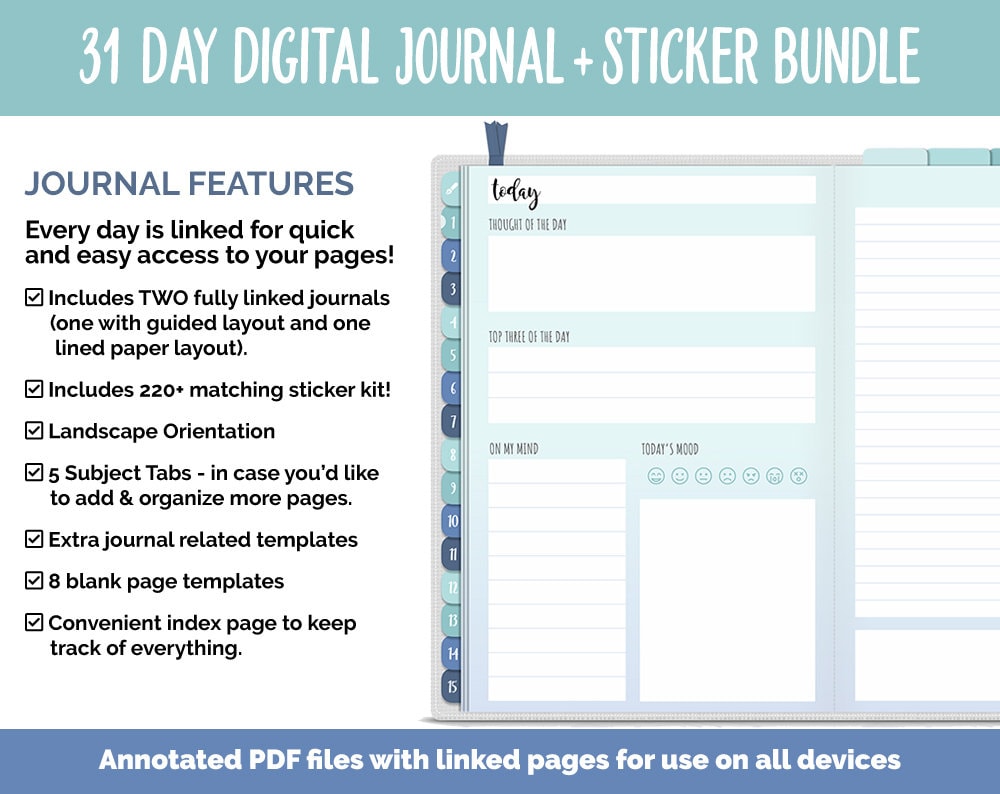 31 Day Digital Journal + Sticker Bundle | Lakeside Theme