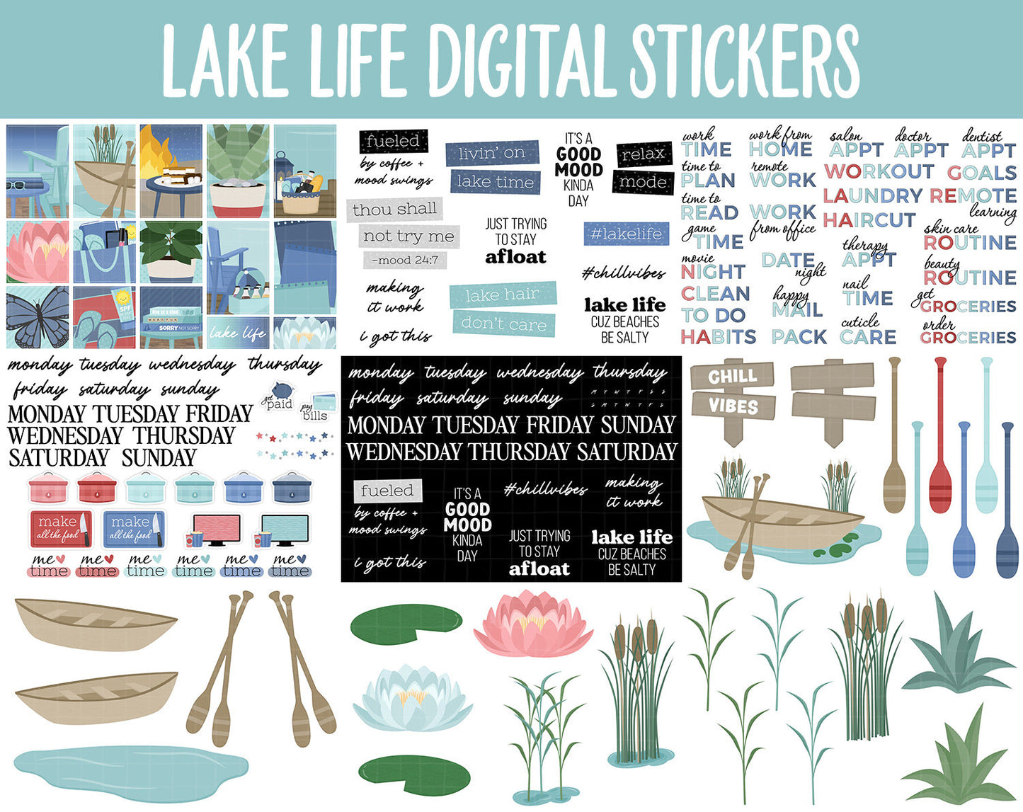 Lake Life Digital Sticker Mega Bundle | GoodNotes & iPad | July, Outdoors, Summer, Kawaii, Activities, Goals, Tasks