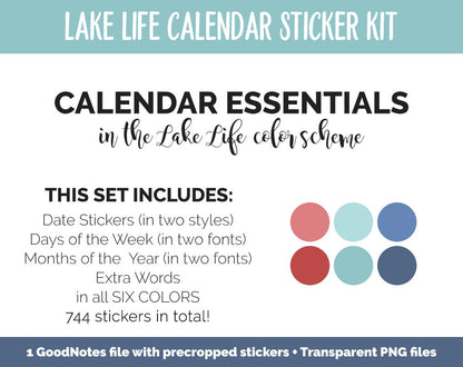 Lake Life Calendar Essentials Digital Planner Stickers | GoodNotes, iPad and Android | Dates, Days of the Week, Months
