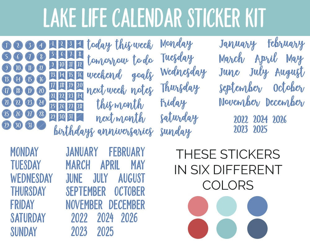 Lake Life Calendar Essentials Digital Planner Stickers | GoodNotes, iPad and Android | Dates, Days of the Week, Months