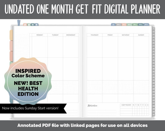 NEW! Undated Get Fit One Month Digital Planner | Inspired Theme - Best Health Edition | GoodNotes, iPad & Android | Fitness, Self-Care