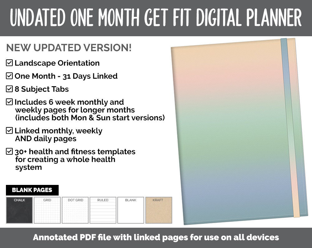 NEW! Undated Get Fit One Month Digital Planner | Inspired Theme - Best Health Edition | GoodNotes, iPad & Android | Fitness, Self-Care