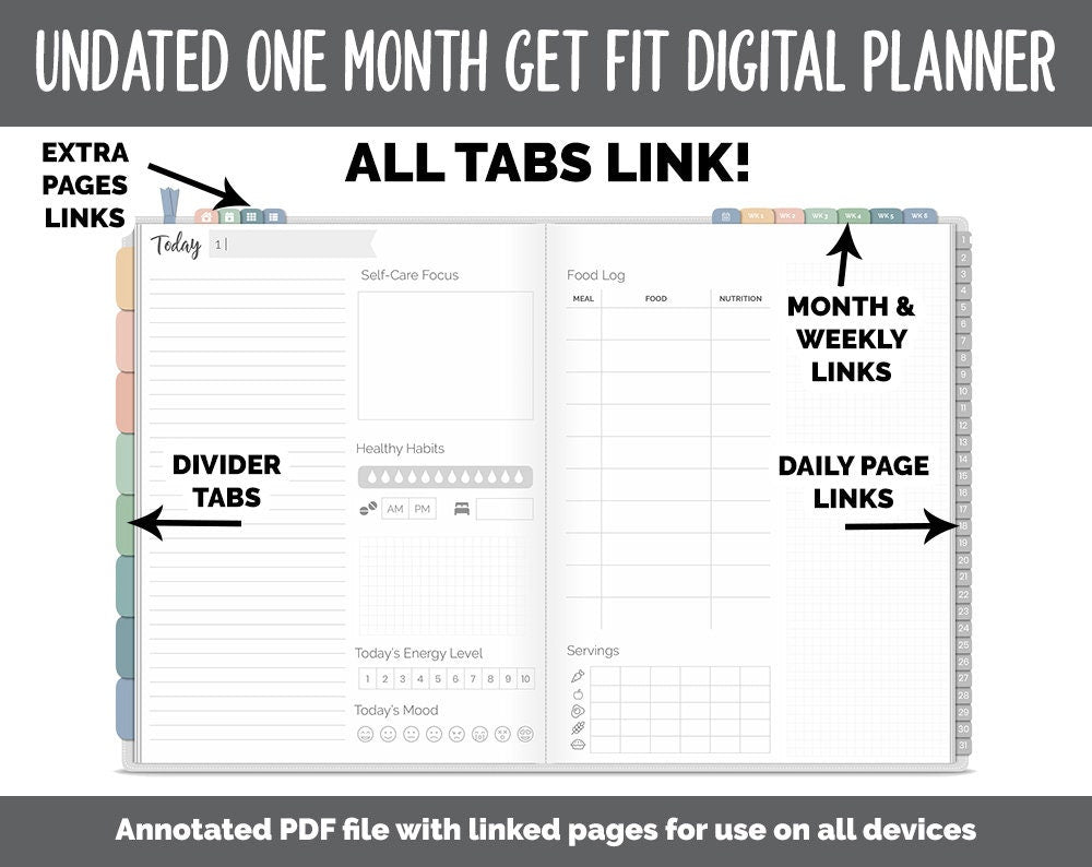 NEW! Undated Get Fit One Month Digital Planner | Inspired Theme - Best Health Edition | GoodNotes, iPad & Android | Fitness, Self-Care