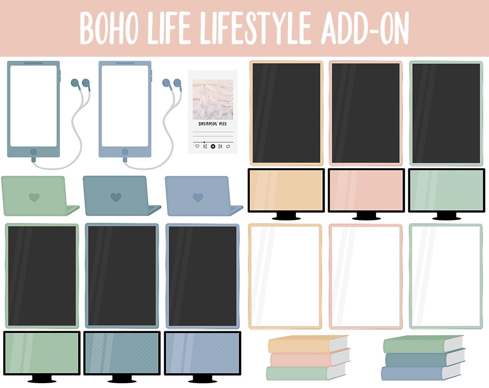 Boho Life Lifestyle Add-On Digital Stickers | GoodNotes & iPad | TV, Playlist, Travel, Reading, Work, Groceries