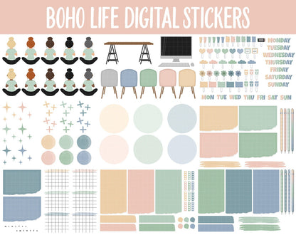 Boho Life Digital Sticker Mega Bundle | GoodNotes & iPad | August, Retro, Dreamcatcher, Papers, Work, Planner Girls, Adulting, Tasks