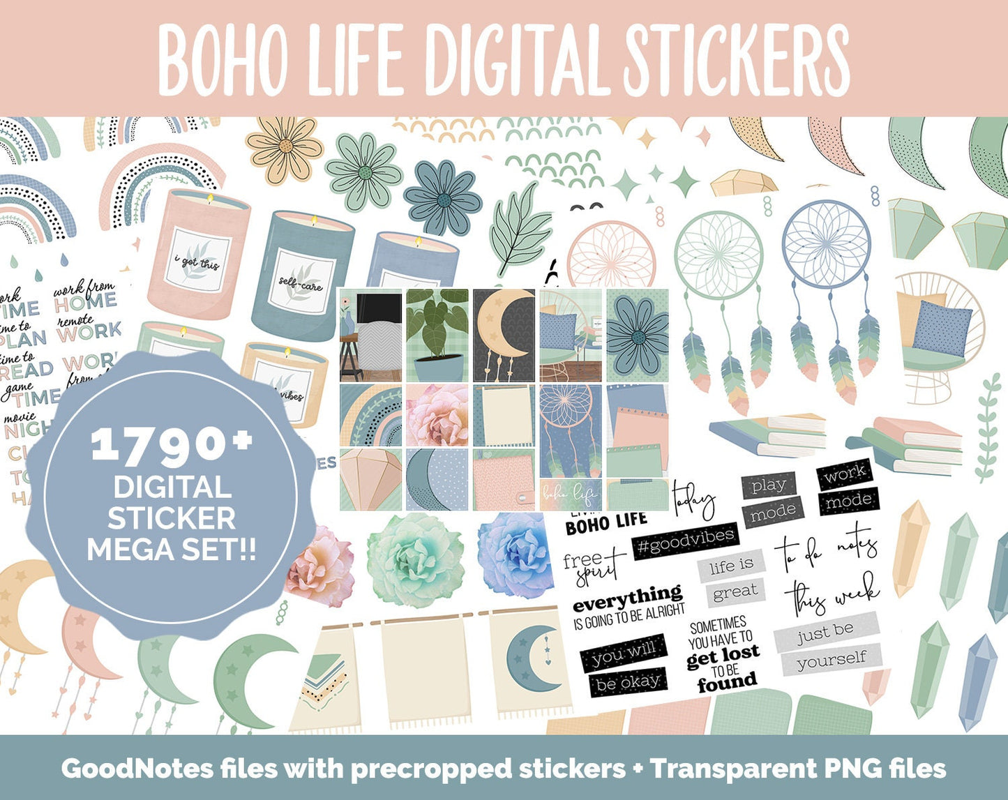 Boho Life Digital Sticker Mega Bundle | GoodNotes & iPad | August, Retro, Dreamcatcher, Papers, Work, Planner Girls, Adulting, Tasks